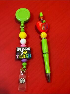 Hand Crafted Bright Green Teacher Pen and Matching Badge Reel Set